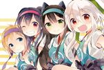  black_hair blonde_hair chiya_(urara_meirochou) green_eyes grin hair_between_eyes harikamo headband lineup long_hair mole mole_under_eye multiple_girls natsume_nono official_art red_eyes silver_hair smile tatsumi_kon urara_meirochou yukimi_koume 