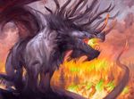  antlers burning dragon feral fire forest front_view fur furred_dragon horn landscape long_tail looking_away lucas_graciano macro magic_the_gathering official_art open_mouth quadruped sharp_teeth signature solo_focus spread_wings teeth tree wings 