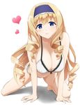  all_fours bikini blonde_hair blue_eyes blue_hairband breasts cecilia_alcott cleavage collarbone drill_hair full_body hairband heart highres infinite_stratos large_breasts long_hair looking_at_viewer mattari_yufi navel parted_lips solo swimsuit very_long_hair white_bikini 