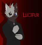  canine clothing demon fur grey_fur heterochromia horn humor kanine9 lucifer_(fox) mammal multicolored_fur nero_lowell parody pun scar simple_background text two_tone_fur wolf 