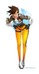  bodysuit bomber_jacket brown_eyes brown_hair gloves goggles jacket leaning_forward legs long_legs looking_to_the_side orange_bodysuit overwatch short_hair smile solo sungwon thighs tracer_(overwatch) 