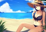  against_tree arm_at_side bare_legs beach bikini black_bow blue_eyes blue_sky bow breasts brown_hat bush cleavage closed_mouth cloud collarbone dagashi_kashi dappled_sunlight day grass hat hat_bow highres horizon island knee_up large_breasts looking_at_viewer navel ocean outdoors palm_tree plant pulled_by_self purple_bikini purple_hair purple_ribbon ribbon rumaki sand shidare_hotaru short_hair sitting sky smile solo stomach strap_pull straw_hat summer sun_hat sunlight swimsuit tree water 
