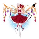  ascot blonde_hair bow crycadia crystal flandre_scarlet full_body hat hat_bow hat_ribbon laevatein long_sleeves looking_at_viewer mob_cap open_eyes open_mouth puffy_sleeves red_eyes ribbon side_ponytail solo touhou transparent_background wings 