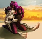  2016 anthro areola black_fur black_hair breasts cloud day duo ear_piercing feline female fur grey_fur hair hand_on_stomach kneelong licking long_hair male male/female mammal multicolored_hair navel nipples nude one_eye_closed open_mouth outside piercing pink_nose purple_eyes purple_fur purple_hair purple_nipples purple_nose pussy sitting sky stripes tiger tongue tongue_out two_tone_hair white_fur white_tiger whiteabigail wink 