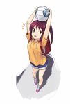  1girl backpack bag ball carrying_overhead denchuubou denim denim_shorts foreshortening full_body ginga_e_kickoff!! hood hoodie long_hair looking_at_viewer open_mouth ponytail purple_hair red_eyes shoes shorts soccer_ball socks solo sweater takatoo_erika white_background 