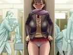  breasts brown_hair exhibitionism large_breasts multiple_boys multiple_girls outdoor panties scarf skirt_lift tatsunami_youtoku 