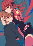  2girls aicedrop aiming aiming_at_viewer bangs brown_hair closed_mouth firing formal frown glasses green_eyes gun hand_on_another&#039;s_head hand_on_another's_head headphones holding holding_gun holding_weapon hug katori_youko long_hair multiple_girls nail_polish red-framed_glasses red_eyes red_hair red_nails short_hair signature somei_hana suit thighhighs uniform unitard weapon world_trigger 
