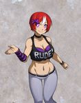  1girl breasts casual cleavage closed_mouth clothes_writing collarbone contemporary highres large_breasts midriff navel navel_piercing original piercing purple_eyes red_hair short_hair smile solo spike_wible stomach venus_(lederhozen) 