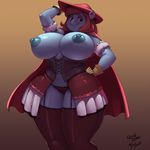  2016 anthro areola big_breasts blue_nipples blue_skin breasts cape clothed clothing corset earth_pony equine fan_character female gloves gradient_background hair hand_on_hip hat hi_res horse huge_breasts kevinsano legwear looking_at_viewer mammal my_little_pony nipples panties pink_hair pony ruby_blossom simple_background smile solo stockings underwear 