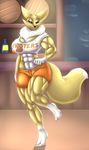  2016 anthro big_breasts breasts cleavage clothed clothing digimon female hooters hyperstorm_h marauder6272 muscular muscular_female renamon smile solo 