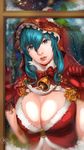 against_window blue_eyes blue_hair breasts cleavage gloves highres holly hood huge_breasts league_of_legends red_gloves silent_night_sona solo sona_buvelle tnwjd2tkfkd window 