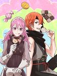  1girl :q biscuit blush candy chlxms fire_emblem fire_emblem_if food gloves green_eyes gurei_(fire_emblem_if) hairband headband long_hair open_mouth orange_hair pink_hair purple_eyes scarf sitting soleil_(fire_emblem_if) teeth tongue tongue_out 