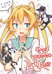  absurdres abukuma_(kantai_collection) acchii_(akina) akatsuki_(kantai_collection) anchor_symbol bangs black_hair black_legwear black_skirt blazer blonde_hair blue_eyes blush buttons commentary_request cover cover_page double_bun doujin_cover flat_cap hair_between_eyes hair_ornament hair_rings hat hatsushimo_(kantai_collection) headband highres jacket kantai_collection kneehighs knees_together_feet_apart long_hair long_sleeves low-tied_long_hair multiple_girls neckerchief open_mouth pantyhose pleated_skirt red_eyes remodel_(kantai_collection) school_uniform serafuku short_sleeves single_kneehigh single_thighhigh skirt sweatdrop thighhighs translated twintails 