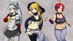  3girls android bare_shoulders blonde_hair casual character_request collage contemporary highres labrys long_hair midriff multiple_girls navel_piercing original persona persona_4:_the_ultimate_in_mayonaka_arena piercing pleated_skirt ponytail purple_eyes red_eyes red_hair robot_joints school_uniform serafuku skirt smile spike_wible venus_(lederhozen) very_long_hair 