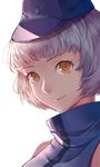  bare_shoulders blue_hat close-up closed_mouth elizabeth_(persona) face hat lips looking_at_viewer persona persona_3 portrait shade short_hair silver_hair simple_background smile solo sweater_vest tareme turtleneck upper_body white_background xiao_chichi yellow_eyes 