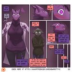  anthro blush clothing comic dialogue dickgirl dragon feline hoodie intersex james_howard lab_coat larger_intersex male mammal patreon purple_skin size_difference sweater 