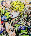  aqua_lipstick ashiya_kouhei black_eyes black_hair blonde_hair bruno_buccellati dated earrings eyewear_on_head flower giorno_giovanna green_eyes green_hair guido_mista hair_ornament hairband hairclip happy_birthday hat highres jewelry jojo_no_kimyou_na_bouken jojo_pose leone_abbacchio lipstick makeup marker_(medium) narancia_ghirga orange_hair pannacotta_fugo pink_lipstick pose purple_eyes purple_lipstick shikishi short_hair signature sunglasses traditional_media trish_una turtleneck 