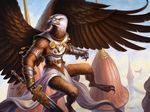  anthro armor avian beak bird building city cityscape clothing dutch_angle eagle flying front_view high-angle_view holding_weapons looking_away magic_the_gathering male melee_weapon official_art scott_murphy signature spread_wings sword talons weapon wings 