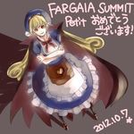  apron bad_id bad_pixiv_id bag blonde_hair blue_dress blue_hat bow cape curly_hair dress fang flipped_hair gloves goggles goggles_on_head goggles_on_headwear hat highres long_hair marivel_armitage pantyhose pointy_ears red_eyes ribbon smile solo wild_arms wild_arms_2 