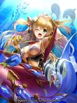  ;d armlet bikini_top blonde_hair blush breasts company_name detached_collar dolphin english fish glasses green_eyes holding holding_eyewear kiryuu_takahisa large_breasts long_hair mermaid monster_girl one_eye_closed open_mouth seisen_cerberus smile solo two_side_up underwear watermark 