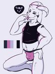  anthro asriel_dreemurr barefoot black_sclera bulge caprine clothing color_swatch finger_to_mouth goat horn looking_at_viewer male mammal midriff navel on_one_knee purple_theme restricted_palette solo standing thong tight_clothing tongue tongue_out tonio_(artist) undertale underwear_pull video_games young 