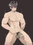  1boy as bar_censor bara barowa blush body_hair censored demon demon_boy erection facial_hair granblue_fantasy horns large_penis male_focus muscle naughty_face nipples nude pecs penis pointless_censoring pointy_ears pubic_hair solo steam sweat testicles undressing wince wink 