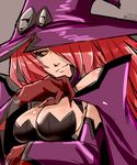  bare_shoulders black_sclera blazblue blazblue:_central_fiction breasts cleavage dated elbow_gloves gloves grey_background hair_over_one_eye hat konoe_a_mercury large_breasts light_smile looking_at_viewer red_hair simple_background solo urujika witch_hat 