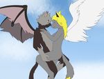  angel canine demon flying fur grey_fur horn incubus kanine9 kyn_skyther mammal multicolored_fur nero_lowell romantic romantic_couple scar simple_background sky two_tone_fur wings wolf yellow_fur 