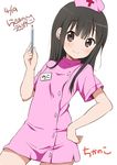  artist_name black_hair blush brown_eyes character_name chijou_noko chikanoko commentary_request copyright_name cross_print dated dress hand_on_hip hat long_hair looking_at_viewer md5_mismatch name_tag nurse nurse_cap pink_dress ragho_no_erika signature smile solo thermometer 