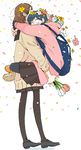  bad_id bad_pixiv_id basket black_hair brown_hair brown_legwear carrying center_(majisuka_gakuen) clinging closed_eyes couple flower from_side full_body hair_flower hair_ornament head_wreath holding hood hood_basket hood_down hug leg_lock long_hair majisuka_gakuen multiple_girls nezumi_(majisuka_gakuen) pantyhose petals rarariot yuri 