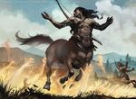  abs athletic atmospheric_perspective bow_(weapon) centaur clothed clothing cloudscape disembodied_hand duo equine equine_taur front_view magic_the_gathering male mammal official_art pecs quadruped ranged_weapon signature sky solo_fcus taur tomasz_jedruszek topless tree weapon 