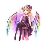  :d alternate_color ascot black_legwear blonde_hair blush bow cape commentary_request fang flandre_scarlet full_body hat hat_bow hat_ribbon index_finger_raised minust mob_cap open_mouth patterned_background pentagram puffy_short_sleeves puffy_sleeves purple_footwear purple_skirt purple_vest red_eyes ribbon shoes short_sleeves side_ponytail skirt smile solo star touhou transparent_background vest white_cape wings 