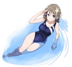  blue_eyes brown_hair competition_swimsuit grin love_live! love_live!_sunshine!! one-piece_swimsuit partially_submerged salute short_hair smile solo swimsuit ushiki_yoshitaka watanabe_you water 