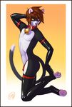  anthro armpits bell black_fur brown_hair bulge butt clothed clothing collar elbow_gloves feline feralise fur girly gloves hair hindpaw kneeling legwear looking_at_viewer male mammal pawpads paws rubber simple_background skimpy solo thigh_highs thong topless white_fur yellow_eyes 