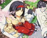  1girl black_hair breasts brown_eyes cake cleavage erika_(pokemon) gym_leader hairband japanese_clothes kimono oddish picnic pokemon tea vileplume weedle yoshitora 