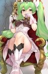  1girl black_legwear blush boots chair cup frey_(rune_factory) gloves green_eyes green_hair hair_ribbon long_hair looking_at_viewer naso4 ojou-sama_pose open_mouth ribbon rune_factory rune_factory_4 sitting sleeveless smile teacup tiara twintails white_gloves 