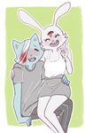  anthro bff big_ears blood blush buckteeth cat clothing duo eye_of_horus eyes_closed feline female flat_chested fur happy lagomorph looking_at_viewer male male/female mammal multi_eye peace_sign_(disambiguation) rabbit ruby_(rq) ruby_quest sharrkan sitting teeth tom_(rq) 