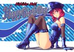  :o a4typhoon alternate_costume arm_belt arm_support ass bangs bare_shoulders belt black_legwear blue_background blue_footwear blue_gloves blue_hat blue_leotard boots bracelet breasts character_name collar cross-laced_footwear english from_side full_body gloves happy_birthday hat high_heel_boots high_heels highres jewelry lace-up_boots leaning_back leotard looking_at_viewer love_live! love_live!_school_idol_project medium_breasts nishikino_maki peaked_cap purple_eyes red_hair shade shadow sitting solo spiked_bracelet spikes star strapless strapless_leotard striped striped_background swept_bangs thigh_strap thighhighs 