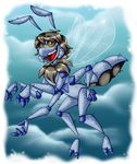  2016 4_arms abdomen antennae anthro arthropod blue_eyes digital_media_(artwork) fly flying fur hair insect long_hair looking_at_viewer male mandibles multi_arm multi_limb open_mouth outside pose sal shalonesk silver_stiletto_fly simple_background sky smile solo watermark wings 