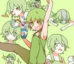  1girl bad_id bad_pixiv_id drink drinking_straw foo_fighters green_eyes green_hair heart jojo_no_kimyou_na_bouken misha_(hoongju) narciso_anasui overalls pink_hair short_hair smile 