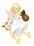  angel angel_wings aqua_eyes bag barefoot blonde_hair blush_stickers cat denchuubou dress feet flower halo handbag hands_clasped heart jar mailman open_mouth original outline own_hands_together short_hair solo strap_slip white_background white_dress wings 