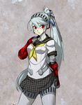  android breasts hair_between_eyes highres houndstooth labrys long_hair persona persona_4:_the_ultimate_in_mayonaka_arena pleated_skirt ponytail red_eyes robot_joints school_uniform serafuku silver_hair skirt small_breasts solo spike_wible 