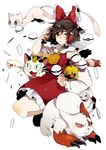  animal_ears ascot bad_id bad_twitter_id brown_eyes brown_hair cat_ears chingling coin crossover damenaito detached_sleeves fangs full_body gen_1_pokemon gen_3_pokemon gen_4_pokemon hair_ribbon hair_tubes hakurei_reimu highres japanese_clothes legendary_pokemon long_sleeves looking_at_viewer meowth mew miko open_mouth poke_ball pokemon pokemon_(creature) pokemon_(game) ribbon shirt short_hair simple_background skirt skirt_set smile tail touhou white_background wide_sleeves zangoose 