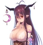  (tat) 1girl antenna_hair bare_shoulders biting breasts cleavage danua dress granblue_fantasy hair_between_eyes horn_ornament jewelry large_breasts long_hair looking_at_viewer nail_biting pointy_ears purple_hair red_eyes sideboob solo upper_body white_dress 