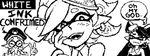  2girls blush callie_(splatoon) drooling ear_piercing earrings english_text fangs female inkling looking_at_viewer male marie_(splatoon) miiverse monochrome multiple_girls nintendo piercing pointy_ears saliva splatoon text video_games 