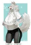  anthro bebebebe bebebebebe blush border breasts canine clothed clothing dog eyes_closed female furry grey_hair invalid_tag long_hair mammal open_mouth smile solo wolf 