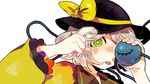  1girl blush covering_one_eye damenaito eyeball face full-face_blush green_eyes hat hat_ribbon komeiji_koishi long_sleeves looking_at_viewer portrait ribbon shirt short_hair silver_hair simple_background solo string third_eye tongue tongue_out touhou white_background 