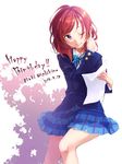  1girl chiigo female love_live!_school_idol_project nishikino_maki one_eye_closed purple_eyes red_hair school_uniform skirt solo white_background 