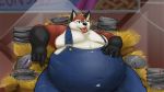  anthro artfulreggie belly belly_overhang big_belly black_fur canine chubby_cheeks claws clothed clothing detailed_background food fox fur hand_on_stomach hay hay_bale hyper hyper_belly iavan male mammal moobs navel obese obese_male overalls overweight overweight_male reclining red_fur solo thick_thighs tongue tongue_out torn_clothing white_fur wide_hips 