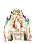  ascot barefoot blonde_hair closed_mouth feet flandre_scarlet full_body hat hat_ribbon legs looking_at_viewer mob_cap open_eyes red_eyes ribbon side_ponytail sign_(jojo1408) sleeveless smile solo toes touhou transparent_background uneven_eyes 